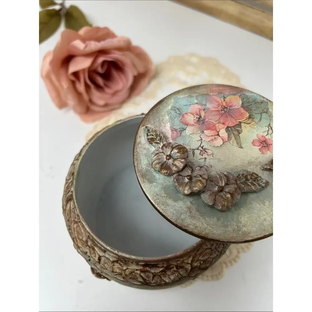 Vintage-Style Decorative Bird Floral Jewelry Jar - Mint & Pink
